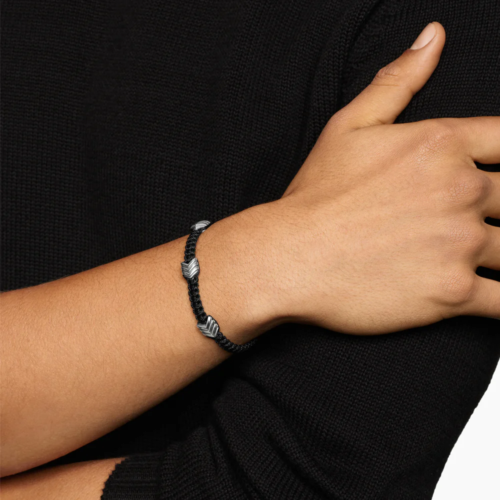 David Yurman Chevron Woven Station Bracelet Black Nylon with Sterling Silver and Black Onyx - Image 2