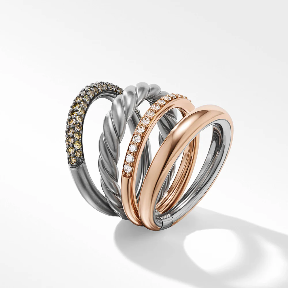 David Yurman DY Mercer™ Melange Multi Row Ring in Sterling Silver with 18ct Rose Gold and Pavé Diamonds - Image 2