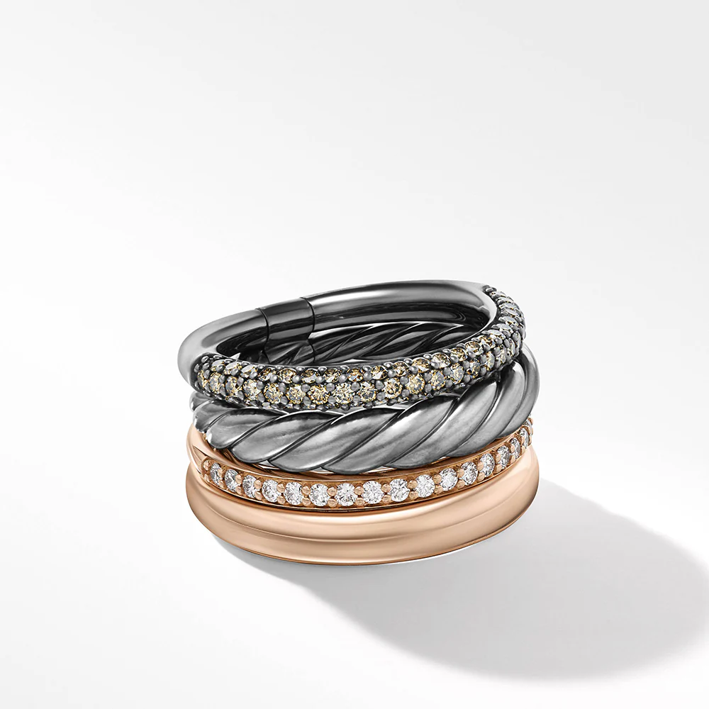 David Yurman DY Mercer™ Melange Multi Row Ring in Sterling Silver with 18ct Rose Gold and Pavé Diamonds - Image 3