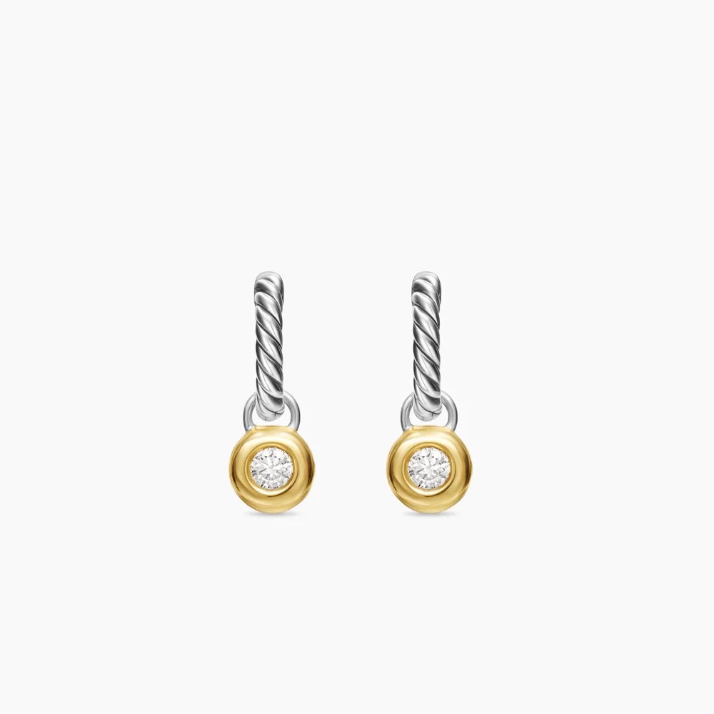 David Yurman Petite Cable Huggie Drop Earrings in Sterling Silver, 14K Yellow Gold and Diamonds