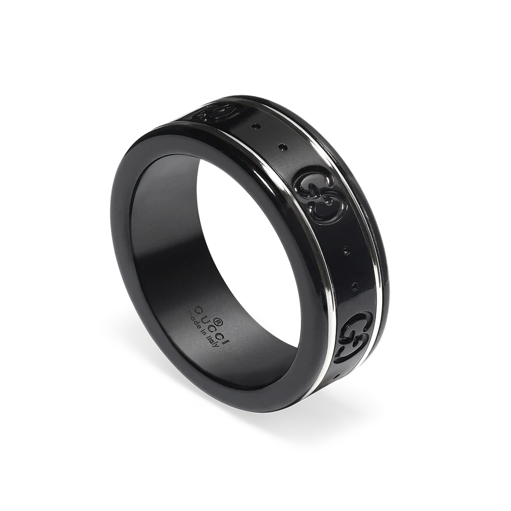 Gucci Icon 18ct White Gold & Black Corundum Thin Ring Size 13